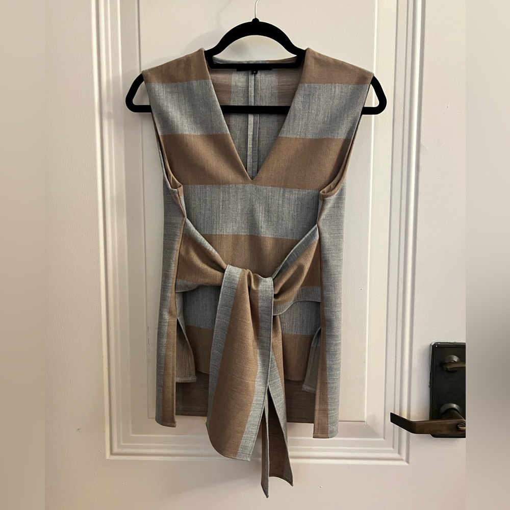 Tibi Stripe Tie Waist V-Neck Sleeveless Top